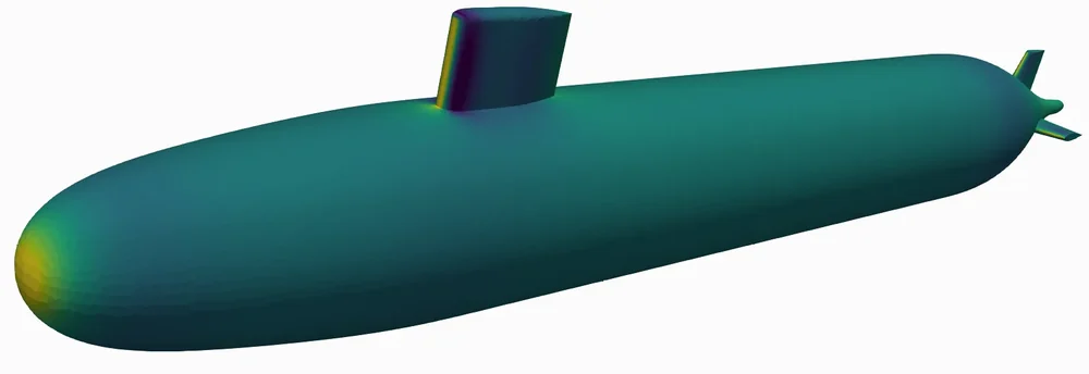 DARPA SUBOFF hull in three-quarter view, colored by computed pressure: yellow at the bow, where the water stagnates.